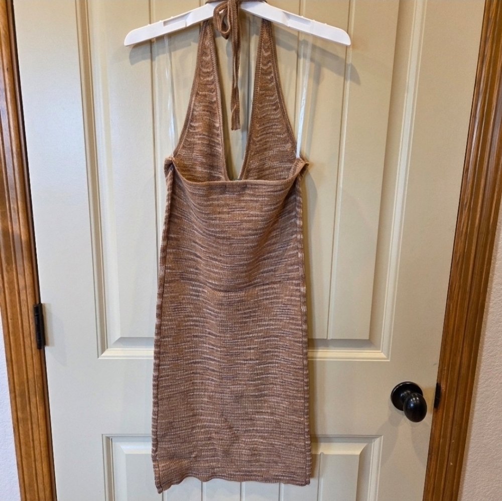 Light Brown Space Dye Knit Halter Mini Dress Medium New Women's - Picture 6 of 8